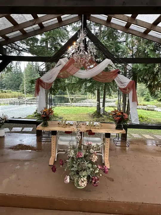 The patio altar, draped and lit