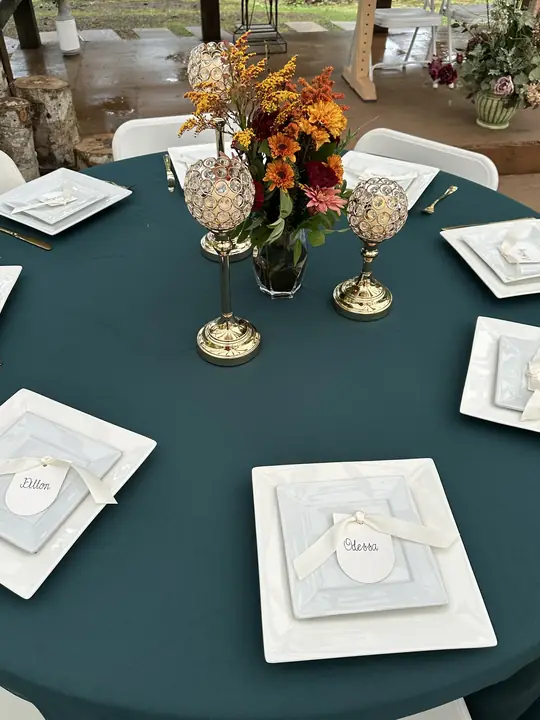 A table set in deep teal