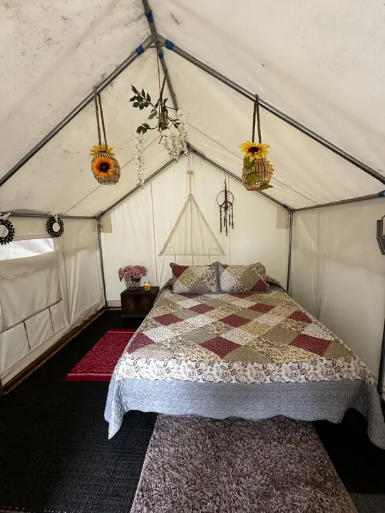 The sunflower tent with just the queen bed
