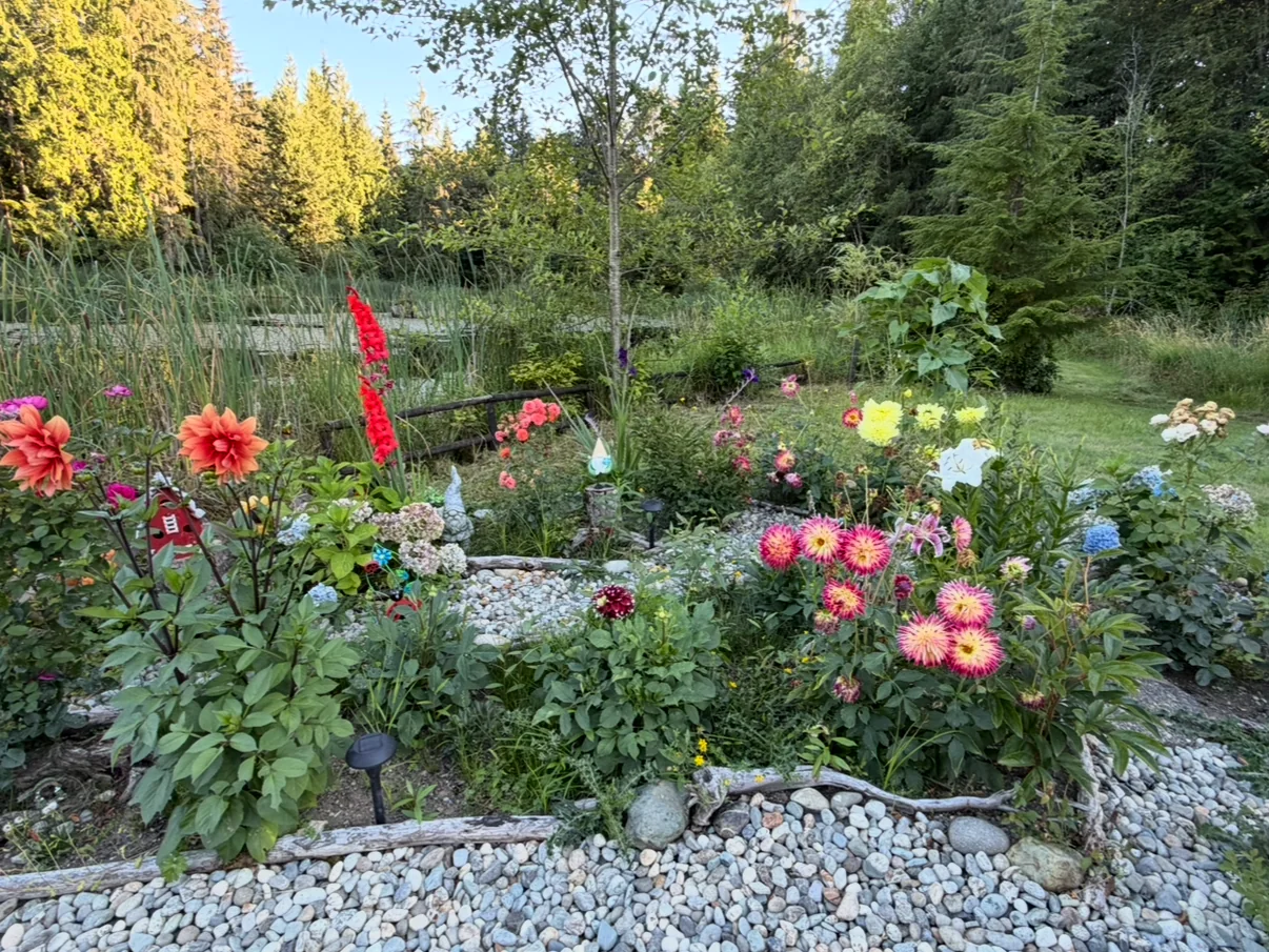 The Ploenette Flower Garden in full bloom, with dahlias, gladiolus, hydrangeas, and lilies
